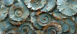 Fototapeta Do akwarium - Elaborate and unique calcified aquamarine blue ammonite sea shell spirals embedded into rock. Prehistoric fossilized detailed rough grunge texture and surface patterns.