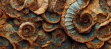 Fototapeta Fototapety do akwarium - Elaborate and unique calcified aquamarine blue ammonite sea shell spirals embedded into rock. Prehistoric fossilized detailed rough grunge texture and surface patterns.