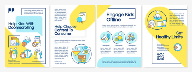 Help kids with doomsurfing blue and yellow brochure template. Leaflet design with linear icons. Editable 4 vector layouts for presentation, annual reports. Questrial, Lato-Regular fonts used