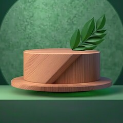 Sticker - Wooden circle platform for product presentation with leaves on green background. 3d illustration