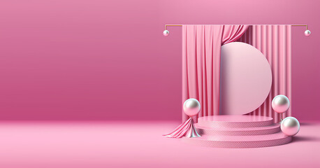 Pink polka dot podium with mother-of-pearl product display balloons on background with pink fabric 3d illustration