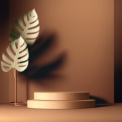 Leinwandbilder - Brown pedestal for product display on a dark background with beige leaves. 3d illustration