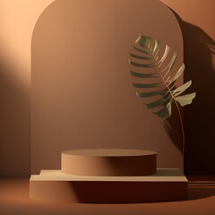 Leinwandbilder - Product display stand on a dark brown background with palm leaves. 3d illustration