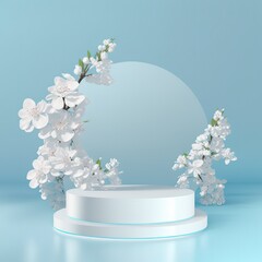 Aufkleber - White flowers on a branch on a round white color pedestal and a blue background for product display 3d illustration