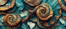 Elaborate And Unique Calcified Aquamarine Blue Ammonite Sea Shell Spirals Embedded Into Rock. Prehistoric Fossilized Detailed Rough Grunge Texture And Surface Patterns.