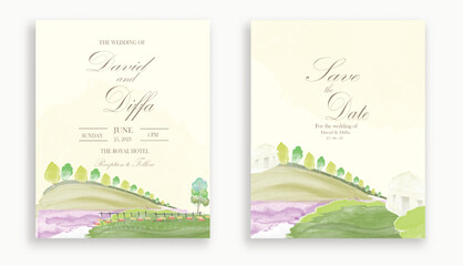 vintage wedding invitation with scenery theme and watercolor elements