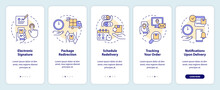 Postal Services Examples Onboarding Mobile App Screen. Delivery Walkthrough 5 Steps Editable Graphic Instructions With Linear Concepts. UI, UX, GUI Template. Myriad Pro-Bold, Regular Fonts Used
