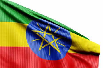 Sticker - The national flag of   Ethiopia  from textiles  on pole, soft focus. 3D illustration