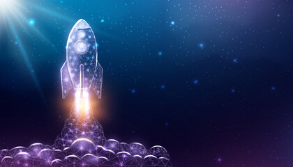 Wall Mural - rocket launch, wireframe polygonal style. internet technology network, business startup concept with