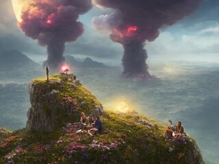 Sticker - A man and a woman sit in nature and look at a nuclear explosion.