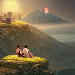 Wall Mural - A man and a woman sit in nature and look at a nuclear explosion.