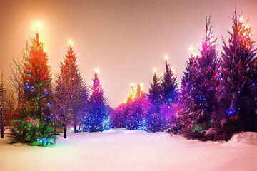 Wall Mural - forest with christmas trees and glowing lights as christmas illustration