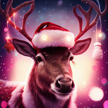 Portrait Of A Reindeer Wearing A Santa Claus Hat And Christmas Decorations
