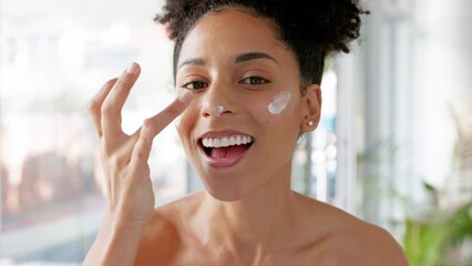 Wall Mural - Black woman, face cream and beauty lotion happy about wellness, health and cosmetic skincare. Portrait of a woman with facial moisturizer or skin sunscreen with happiness about body care product