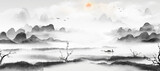 Fototapeta  - Hand-painted Chinese landscape painting background illustration