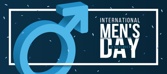 International men's day - 3D blue male symbol on white frame and ribbon fireworks around on dark blue background vector design