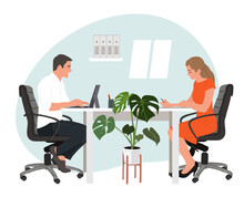 Businesswoman And Businessman Working Together At Cozy Workplace. Office Workers Sitting In Chairs At Table Writing Notes And Using Laptop. Realistic Vector Illustration Isolated On White Background.