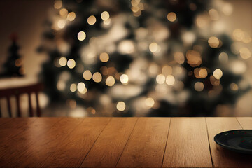 Wall Mural - wooden table and Christmas lights in background