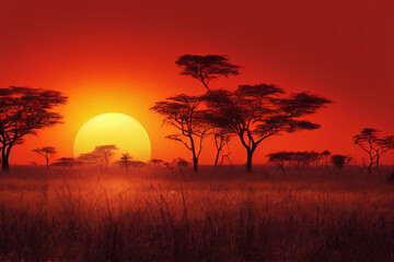 amazing red sunset in the savannah