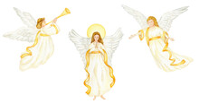 Christmas Angels Set Watercolor Illustration, Christian Nativity Angel With Wings Isolated On A White Background, Design For Religious Baptism Invitation, Greeting Card