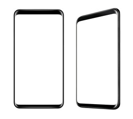 Sticker - Front and side view of black smartphone with blank screen and modern frame less design isolated on white