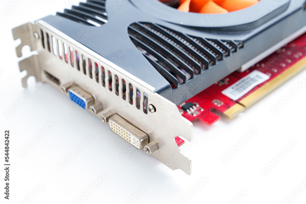 part of Video card on a white background. A display card, graphics card, or video adapter is an add-in card that generates a stream of output images to a display device, a computer monitor.