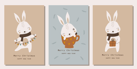 Wall Mural - Christmas cards with cute rabbits. Vector illustrations