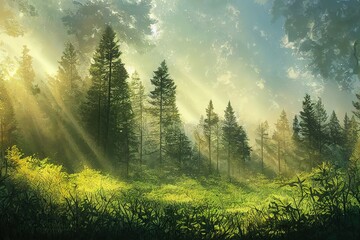 Canvas Print - Beautiful magical forest fabulous trees. Forest landscape, sun rays illuminate the leaves and branches of trees. Magical summer forest. Illustration