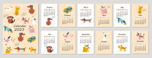 Calendar 2023 With Hand Drawn Cute Dogs. Vector