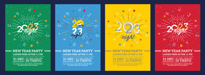 2023 colorful set of Happy New Year posters. Abstract design typography logo 2023 for vector celebration and season decoration, backgrounds, branding, banner, cover, card and or social media template.