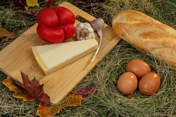 Wall Mural - still life with vegetables and cheese on a cutting board in the hay