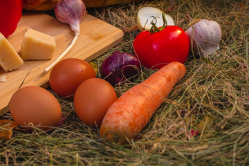 Wall Mural - still life with vegetables and cheese on a cutting board in the hay