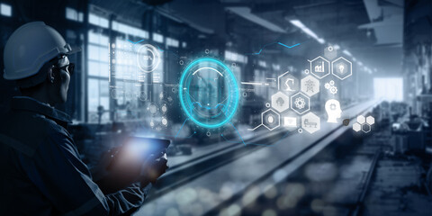 smart industry 4.0 futuristic technology concept, engineer use artificial intelligence combine  augmented mixed virtual reality display, digital twin with 5g to control robot arm in smart factory