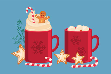 Wall Mural - christmas winter cocoa drink cup set with gingerbread star and candy cane