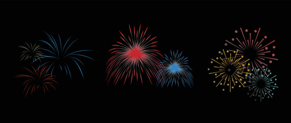 Wall Mural - set of new year firework vector illustration. realistic collection of bright glow fireworks on black