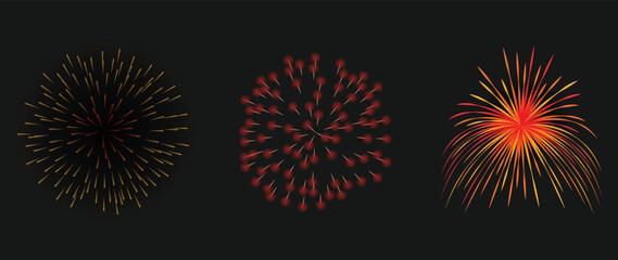Wall Mural - set of new year firework vector illustration. realistic collection of bright glow fireworks on black