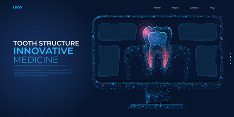 Wall Mural - Digital 3d low poly model tooth structure. Wireframe concept of healthy teeth, oral hygiene, dental care. Abstract background vector illustration.