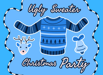 Wall Mural - Christmas card with ugly sweater party theme in blue with embroidery. Vector illustration of a poster or cover for a party, greeting and invitation to celebrate the holiday and happy new year