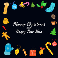 Wall Mural - A card for a Merry Christmas and Happy New Year, with candy, trees, bells, presents and all sorts of Christmas paraphernalia. Vector illustration of a poster, cover or banner for your project
