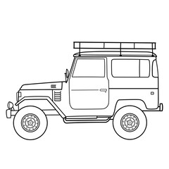 Off-road travel suv car with roof rack, side view. Vector outline doodle illustration