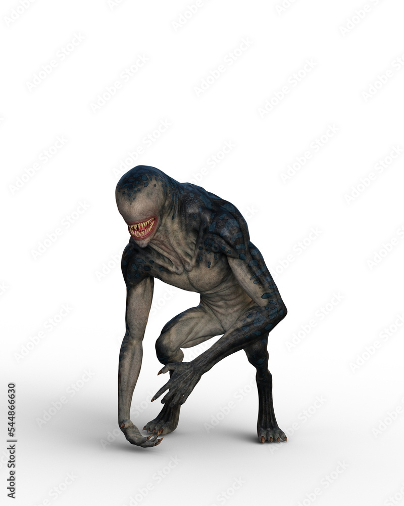3D Rendering of an alien creature with no eyes and sharp teeth isolated ...