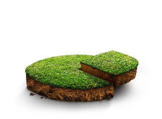 3d illustration, round soil ground cross section with earth land and green grass, land is divided to