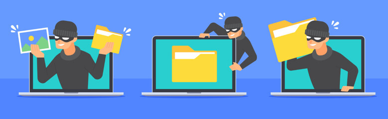 Collection of file hacking. Concept of data breach. Hacker stealing document folder icon. Cybercrime, computer security vulnerability, or technology threat. Flat style cartoon vector illustration. 