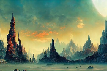 Digital concept art style painting of a whimsical sci fi environment digital fantasy landscape illustration