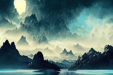 Wall Mural - Clouds. Fantasy night landscape with mountains and clouds reflected in the water. Neon blue. Abstract islands, stones on the water. Dark natural scene. Neon space planet. .