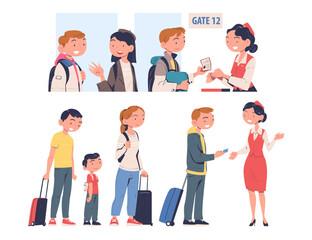 Sticker - People Characters at the Airport with Luggage at Terminal Vector Set