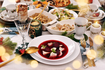 Poster - Christmas Eve red borscht with ravioli and beet chips and other dishes