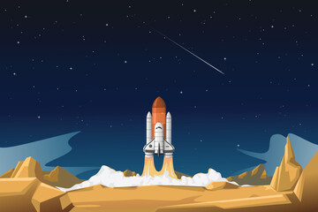 Rocket Spaceship Space Shuttle Take Off and Launch on the mission from the Planet Surface to Outer Starry Sky Background Vector Illustration, good for science astronomy education content