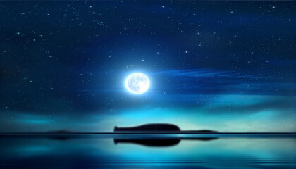 Wall Mural - Night starry sky and full moon on sea light reflection nature landscape