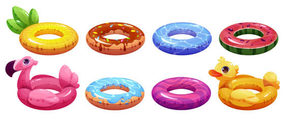 Set of swimming rings, inflatable rubber flamingo, duck, pineapple, donut and watermelon colorful stylish modern accessories for children and adults. Cartoon inner tubes collection vector illustration